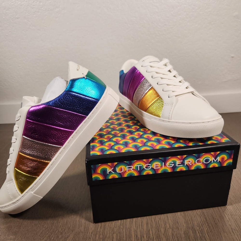 Kurt Geiger London Lane Stripe Rainbow Metallic Leather Sneakers US 7.5 38 New